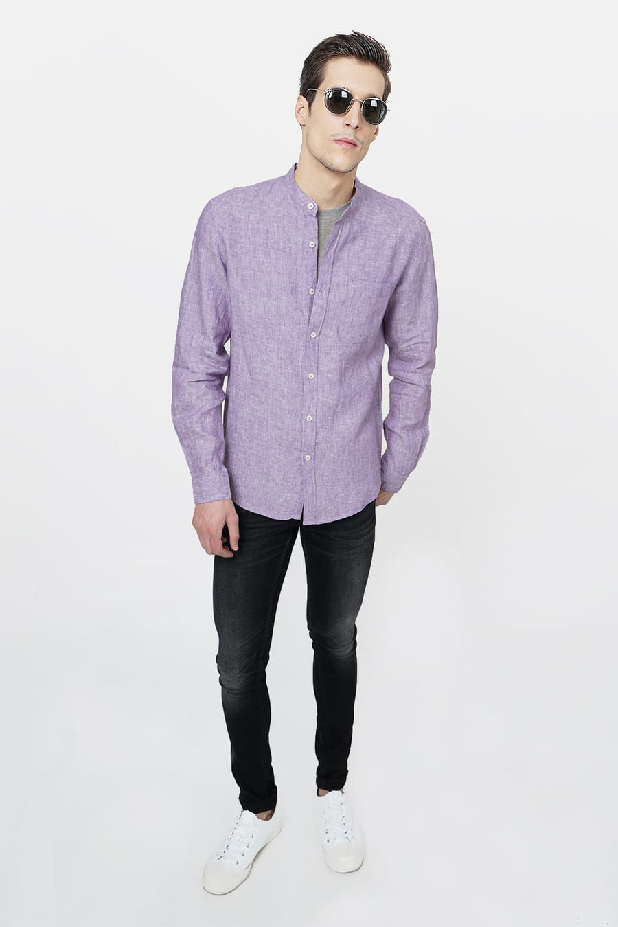 BASICS SLIM FIT PURPLE LINEN SHIRT