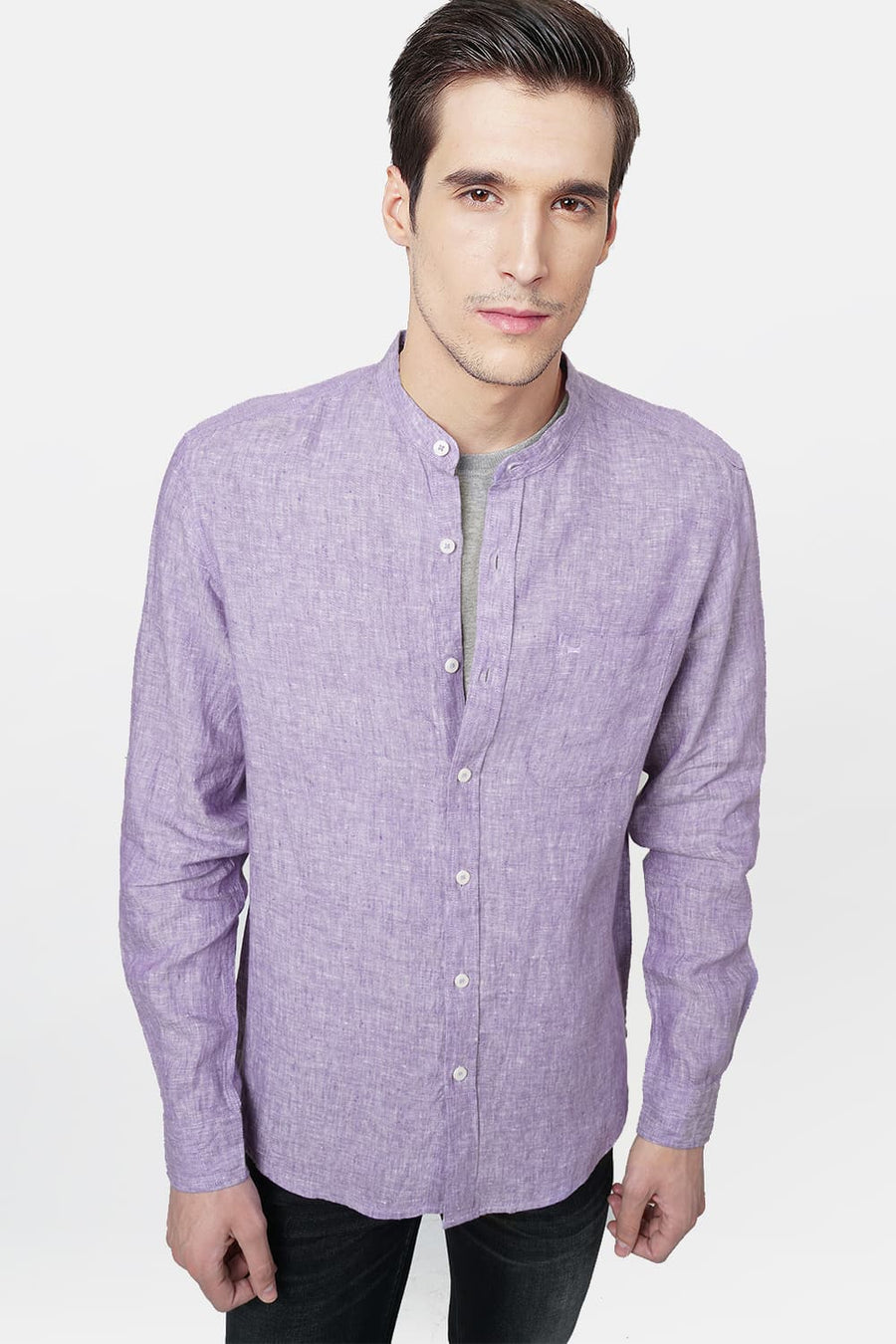 BASICS SLIM FIT PURPLE LINEN SHIRT