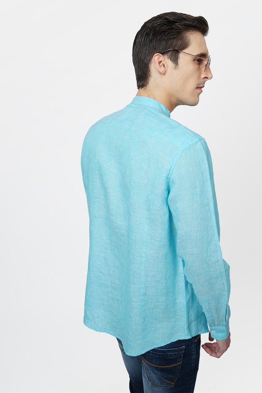BASICS SLIM FIT AQUA LINEN SHIRT