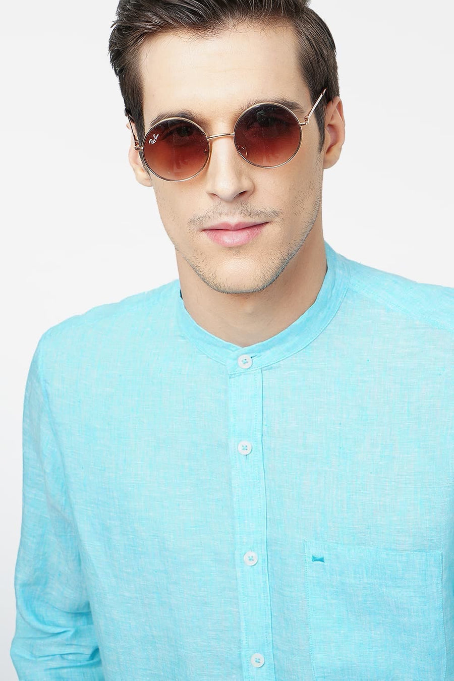 BASICS SLIM FIT AQUA LINEN SHIRT