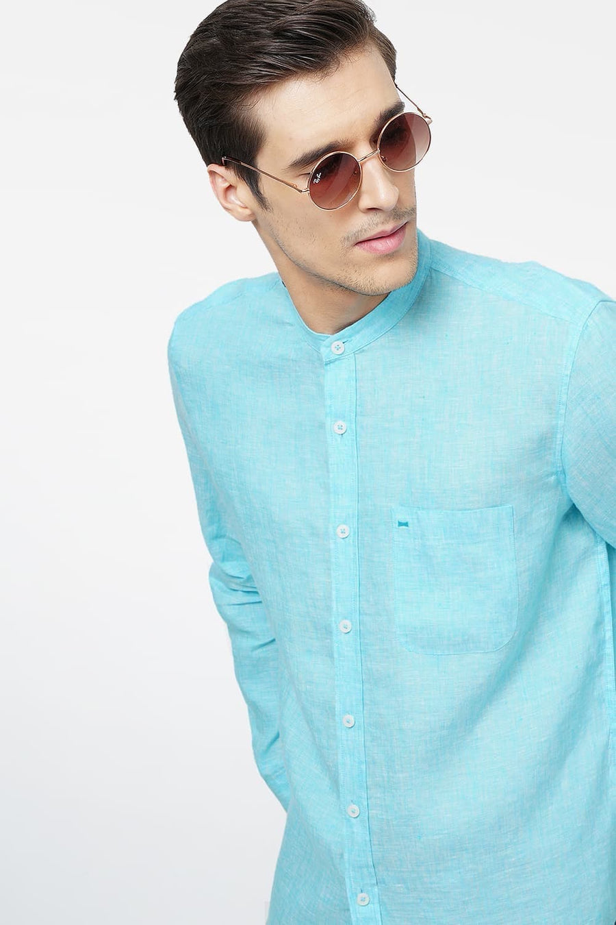 BASICS SLIM FIT AQUA LINEN SHIRT