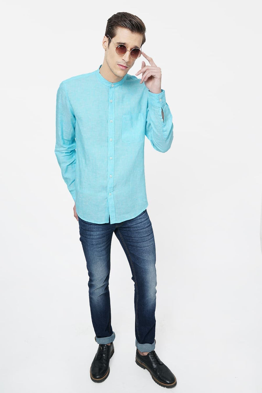 BASICS SLIM FIT AQUA LINEN SHIRT