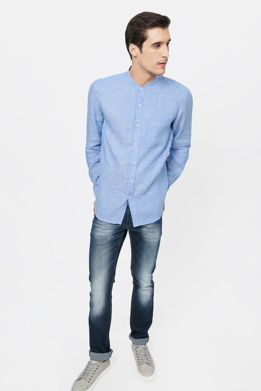 BASICS SLIM FIT BLUE LINEN SHIRT