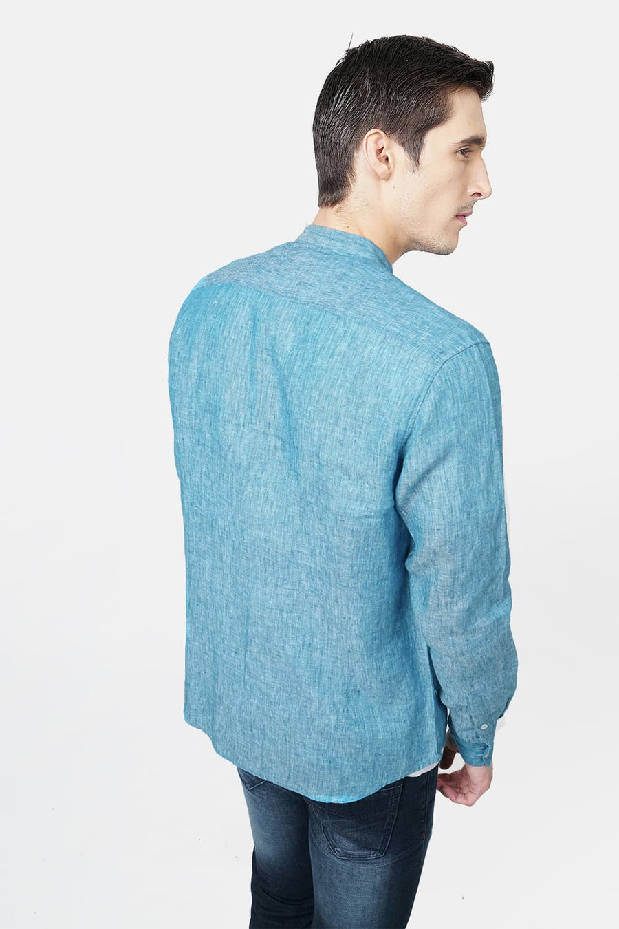 BASICS SLIM FIT TURQUOISE LINEN SHIRT