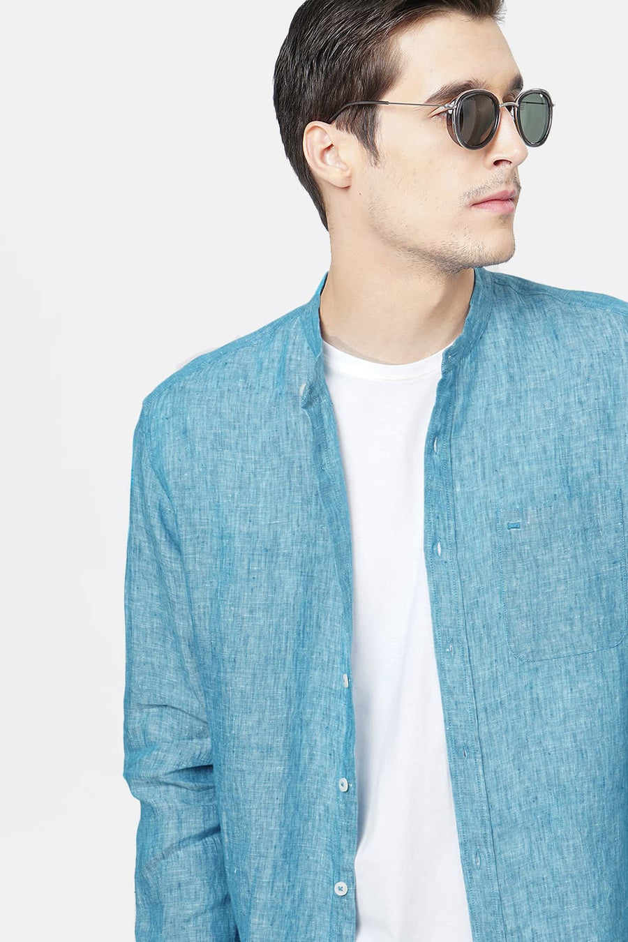 BASICS SLIM FIT TURQUOISE LINEN SHIRT