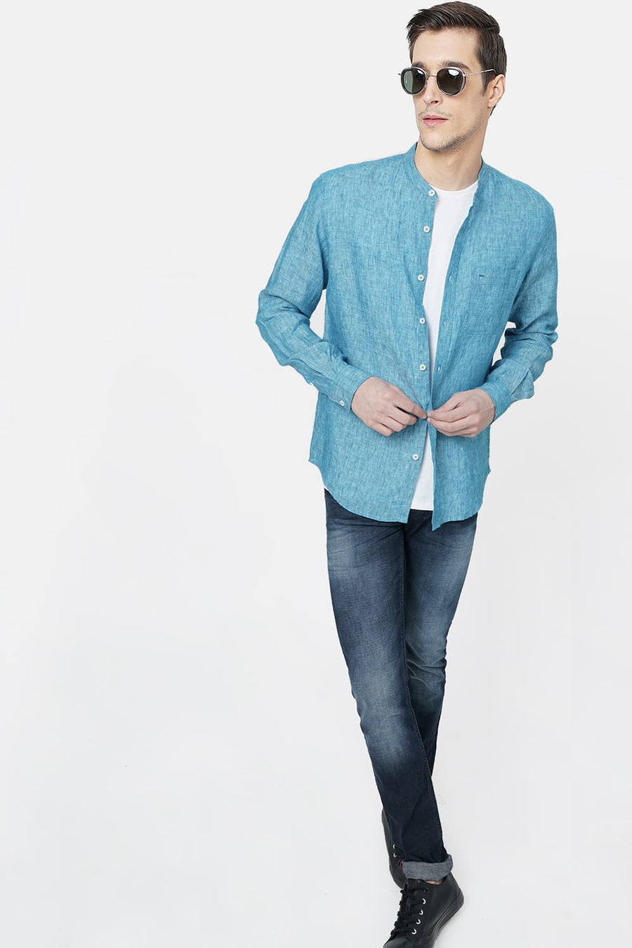 BASICS SLIM FIT TURQUOISE LINEN SHIRT