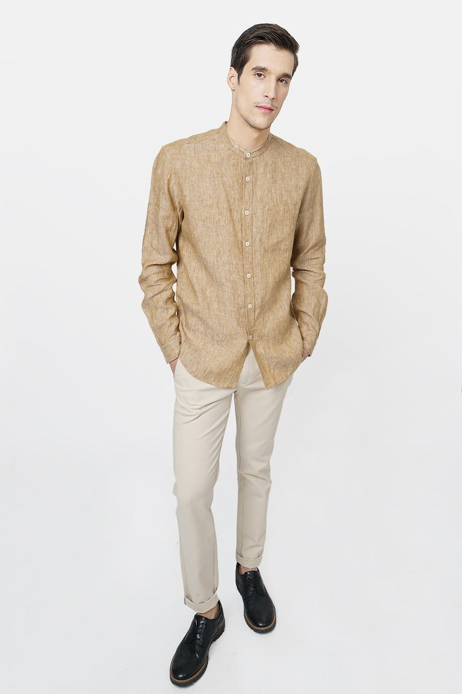 BASICS SLIM FIT KHAKI LINEN SHIRT