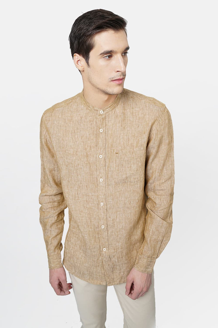 BASICS SLIM FIT KHAKI LINEN SHIRT