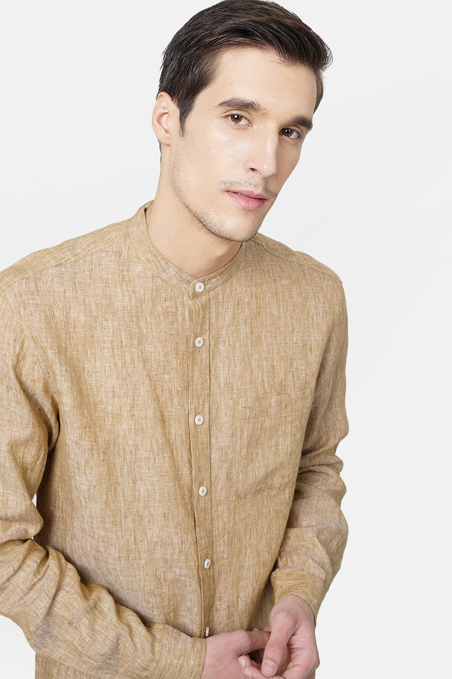 BASICS SLIM FIT KHAKI LINEN SHIRT