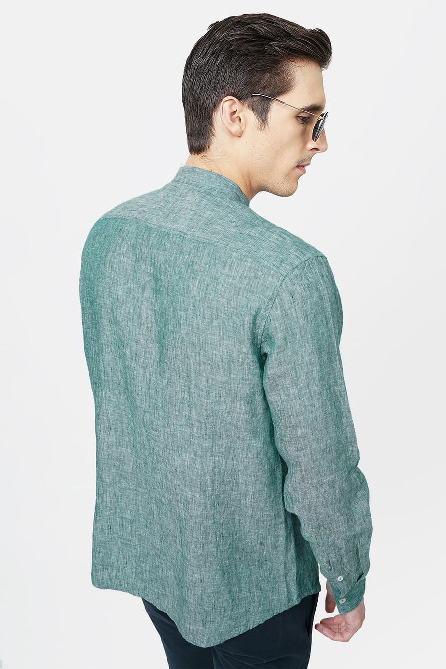 BASICS SLIM FIT DARK GREEN LINEN SHIRT