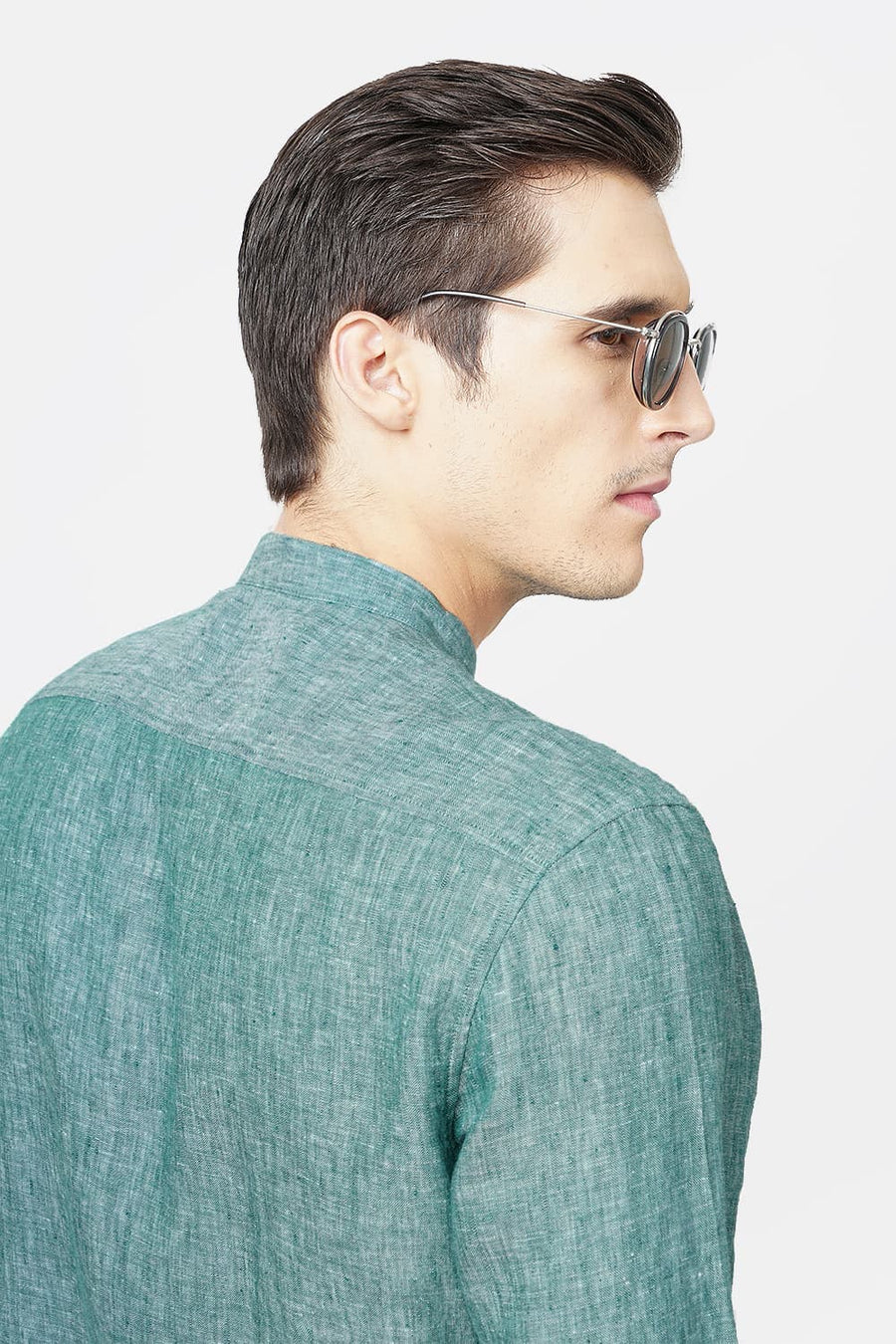 BASICS SLIM FIT DARK GREEN LINEN SHIRT