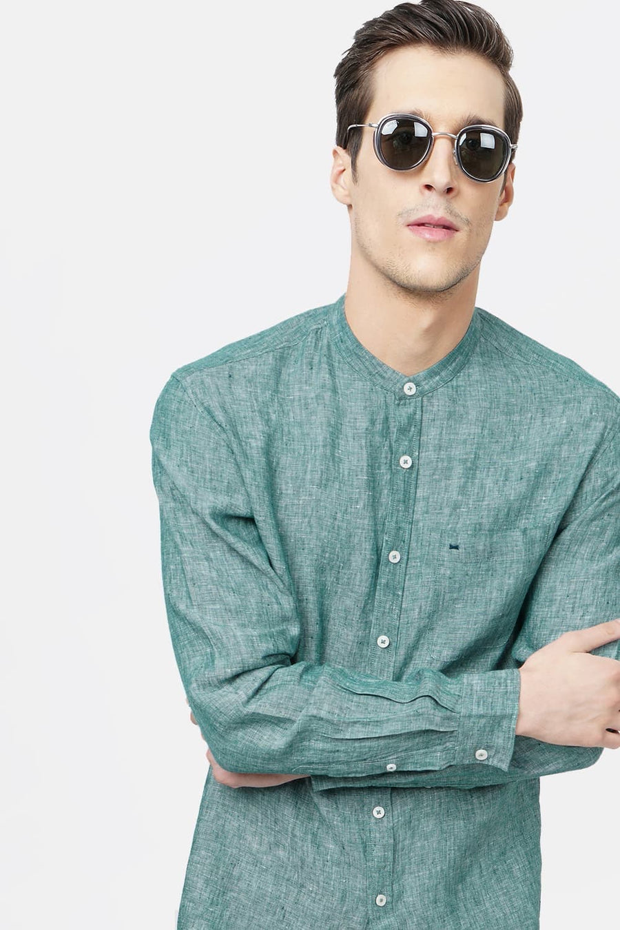 BASICS SLIM FIT DARK GREEN LINEN SHIRT