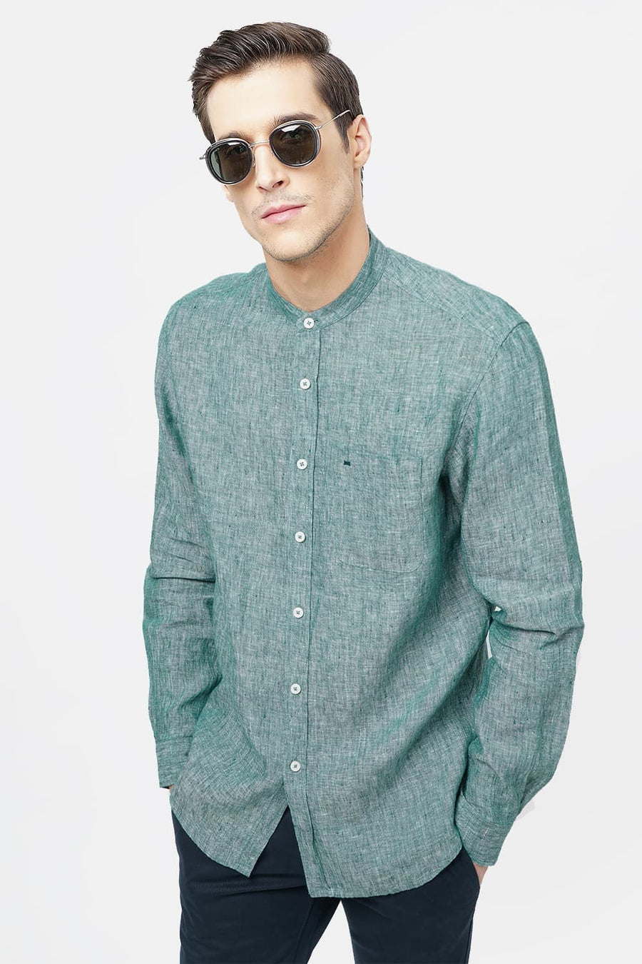 BASICS SLIM FIT DARK GREEN LINEN SHIRT