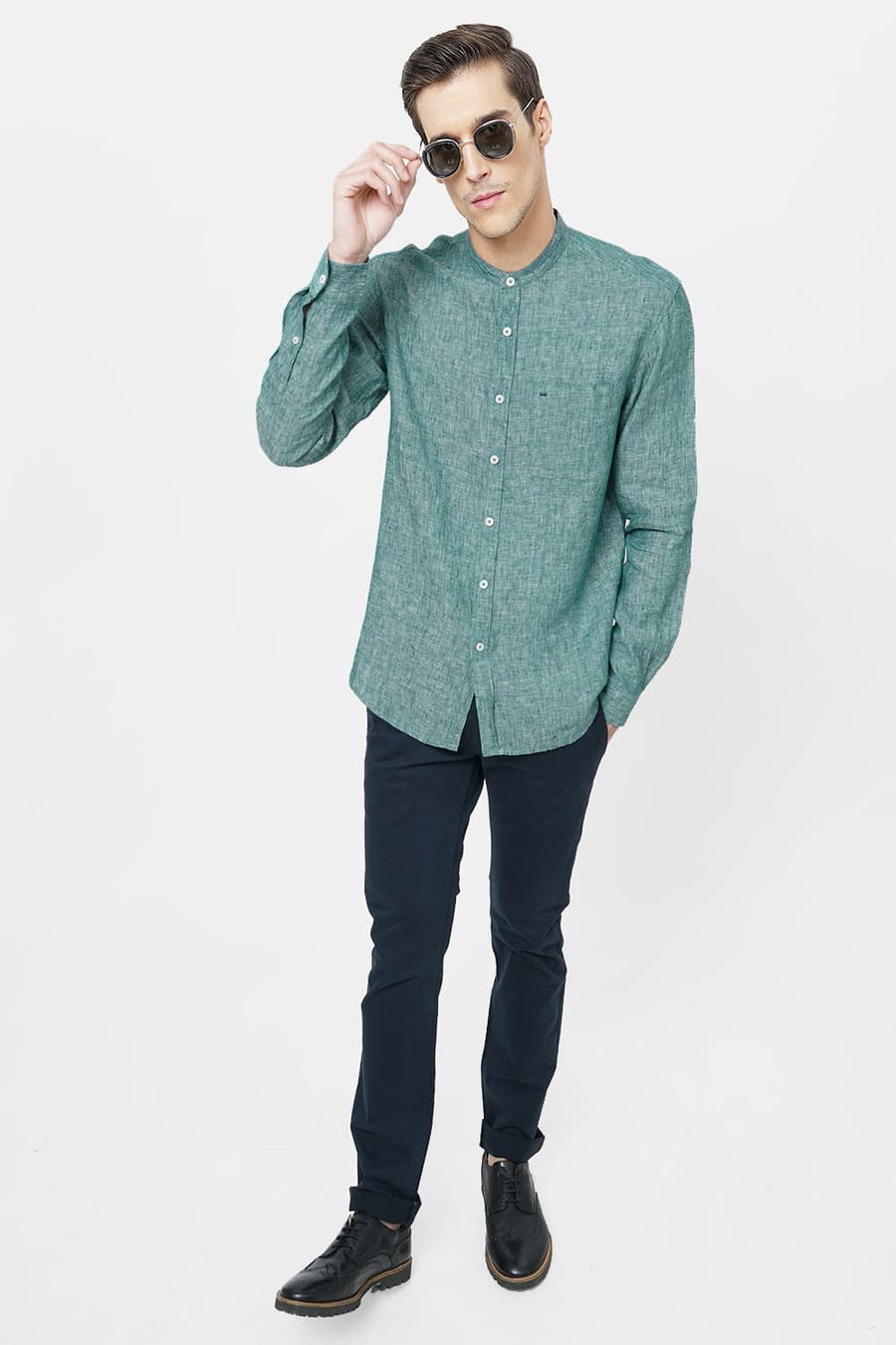 BASICS SLIM FIT DARK GREEN LINEN SHIRT