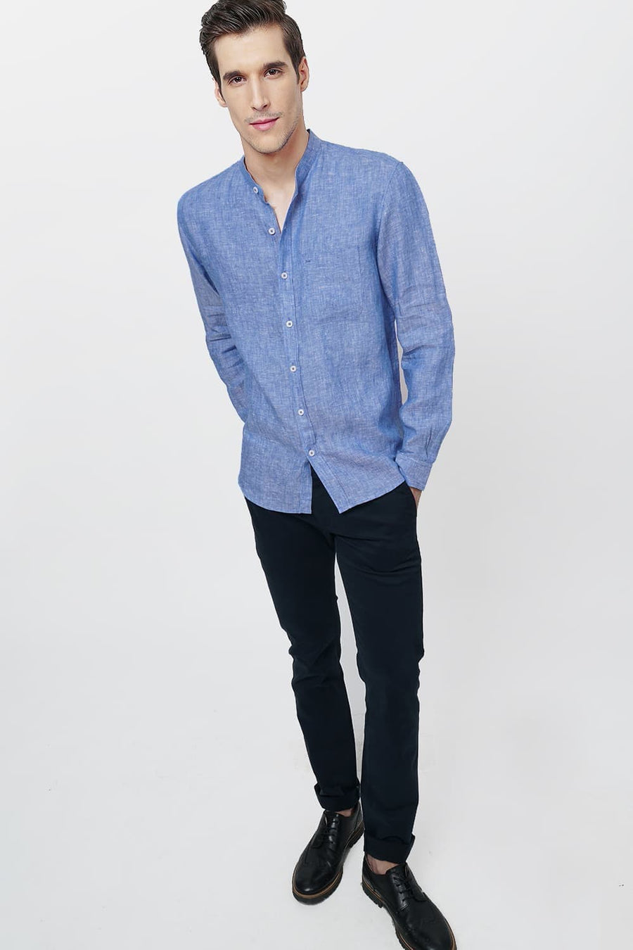 BASICS SLIM FIT BLUE LINEN SHIRT