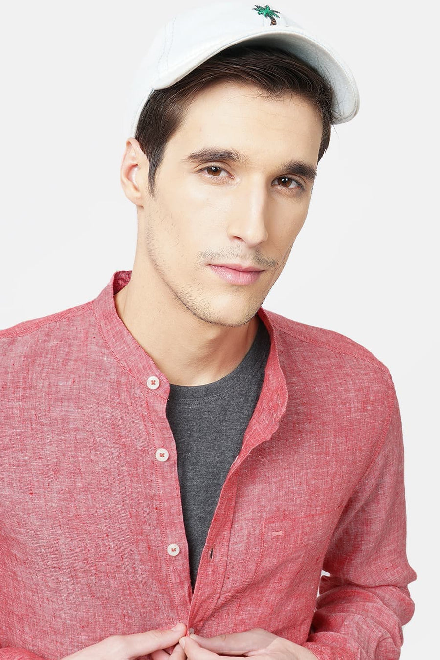 BASICS SLIM FIT RED LINEN SHIRT