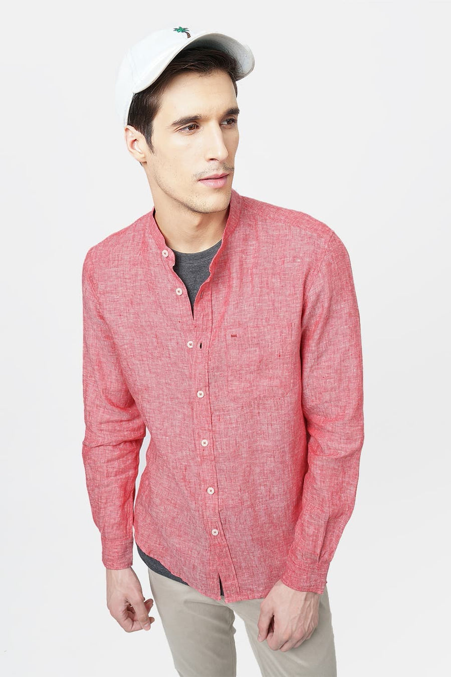 BASICS SLIM FIT RED LINEN SHIRT