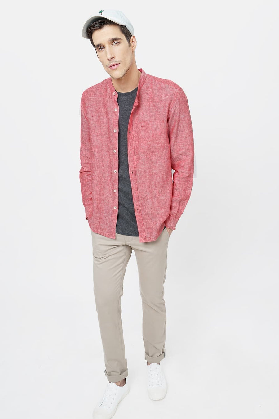 BASICS SLIM FIT RED LINEN SHIRT