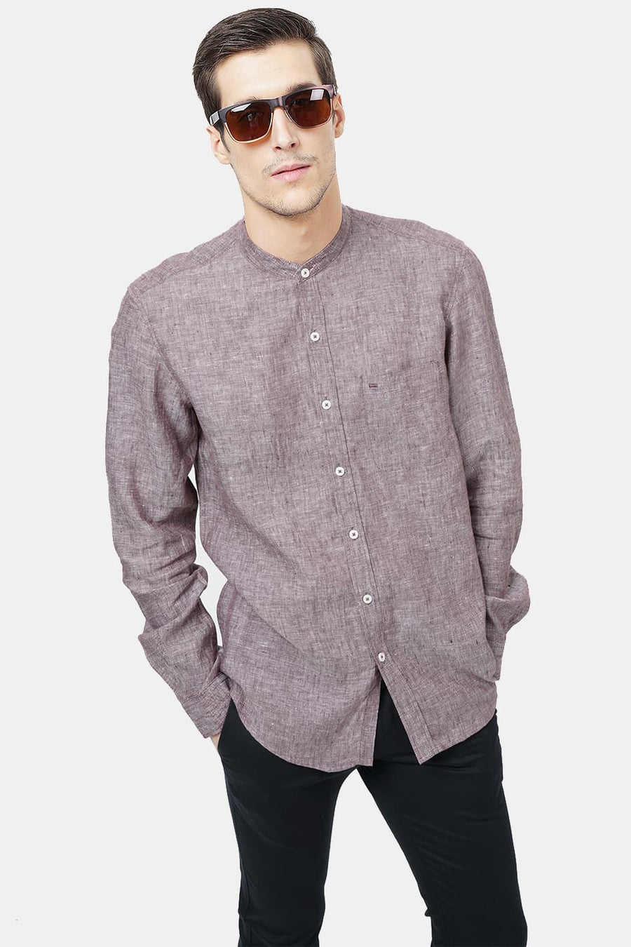 BASICS SLIM FIT BROWN LINEN SHIRT