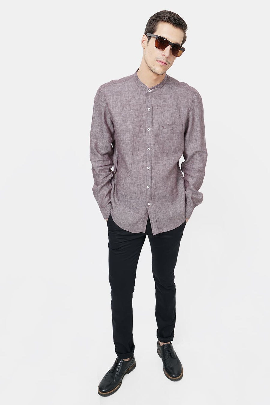 BASICS SLIM FIT BROWN LINEN SHIRT