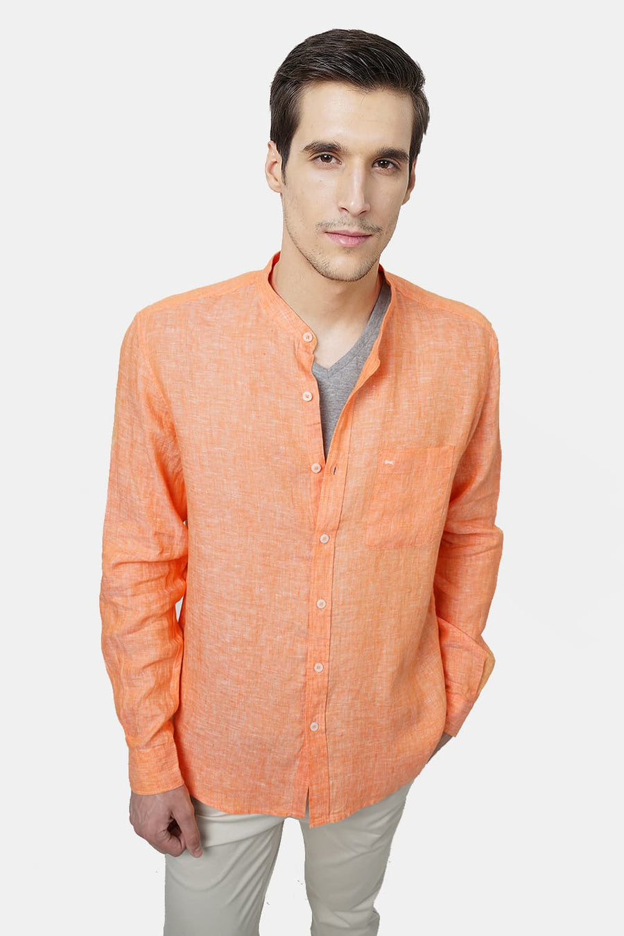 BASICS SLIM FIT ORANGE LINEN SHIRT