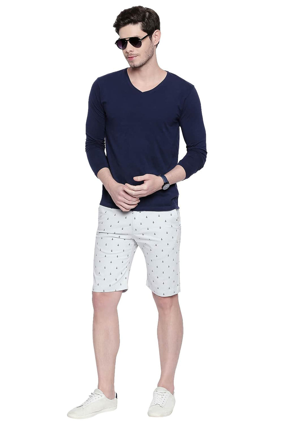 BASICS COMFORT FIT PEARL BLUE PRINTED STRETCH SHORTS