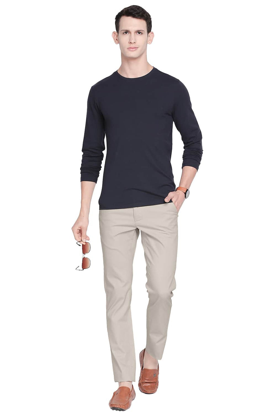 BASICS TAPERED FIT BONE WHITE STRETCH TROUSER