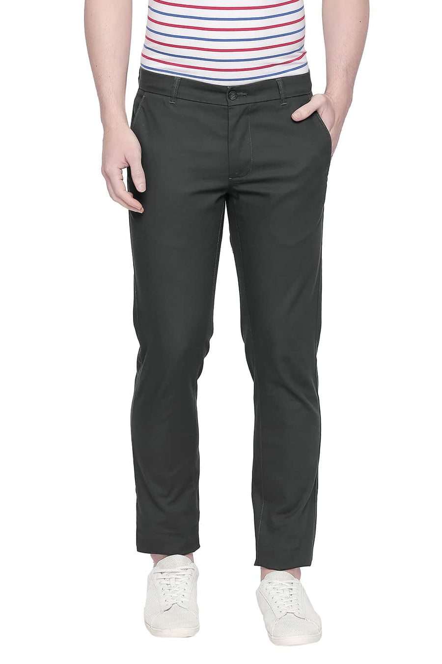 BASICS TAPERED FIT GUNMETAL STRETCH TROUSER