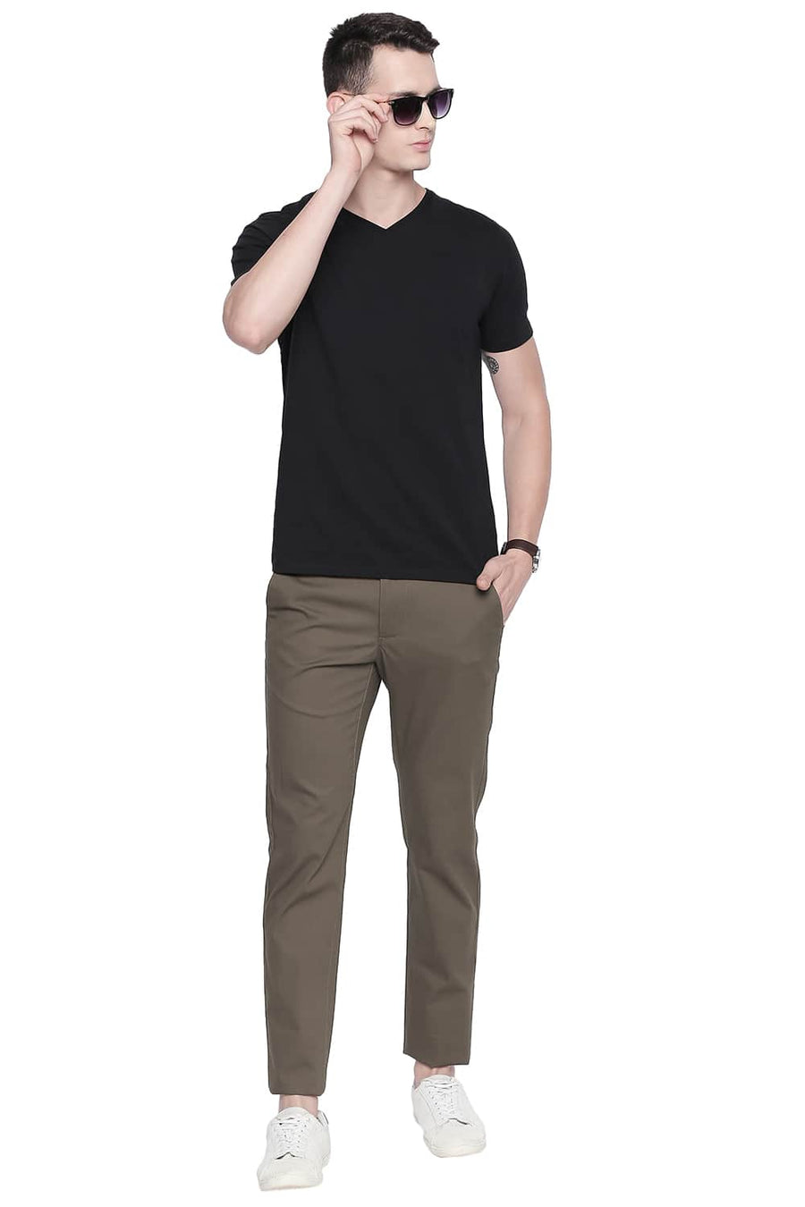 BASICS TAPERED FIT WALNUT STRETCH TROUSER