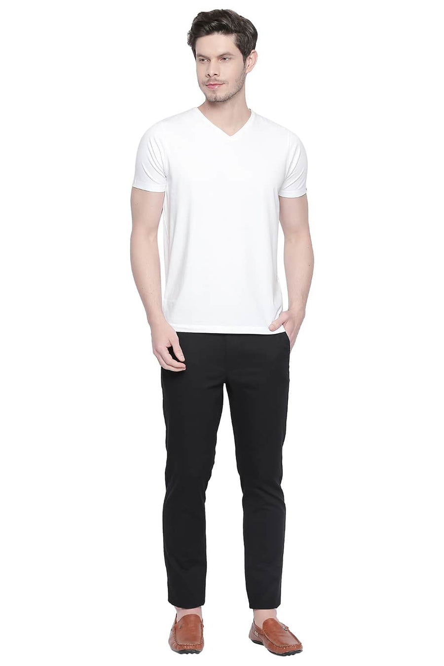BASICS TAPERED FIT JET BLACK STRETCH TROUSER
