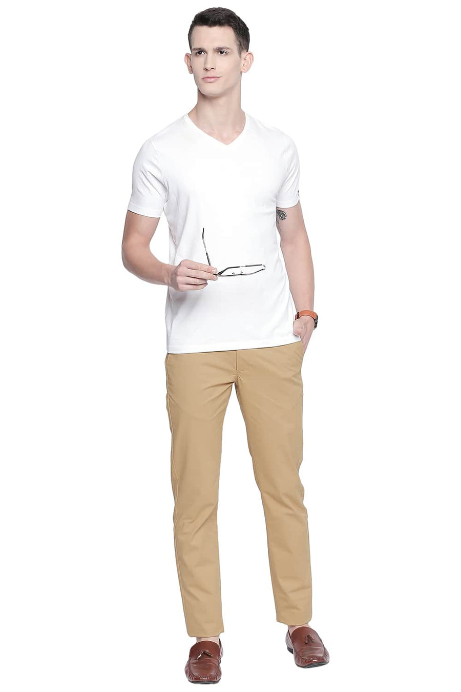 BASICS TAPERED FIT HONEY MUSTARD STRETCH TROUSER
