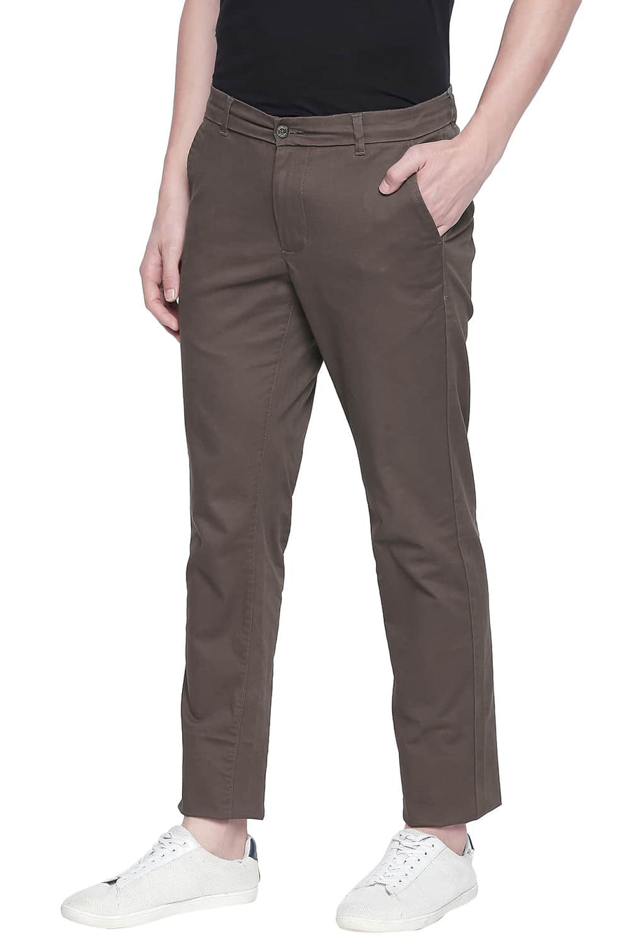 BASICS TAPERED FIT DARK EARTH STRETCH TROUSER
