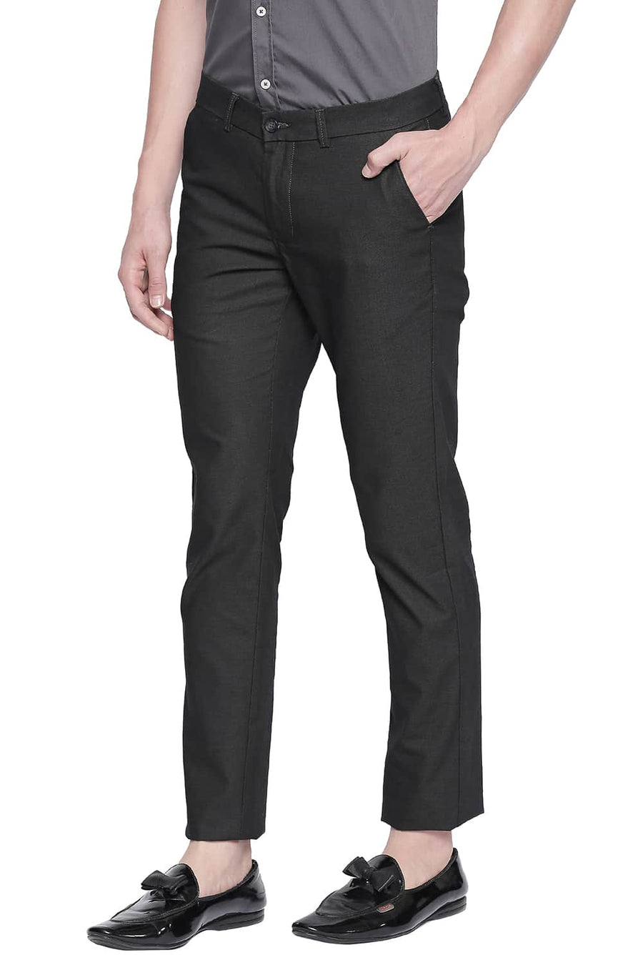 BASICS TAPERED FIT PEAT GREY STRETCH TROUSER