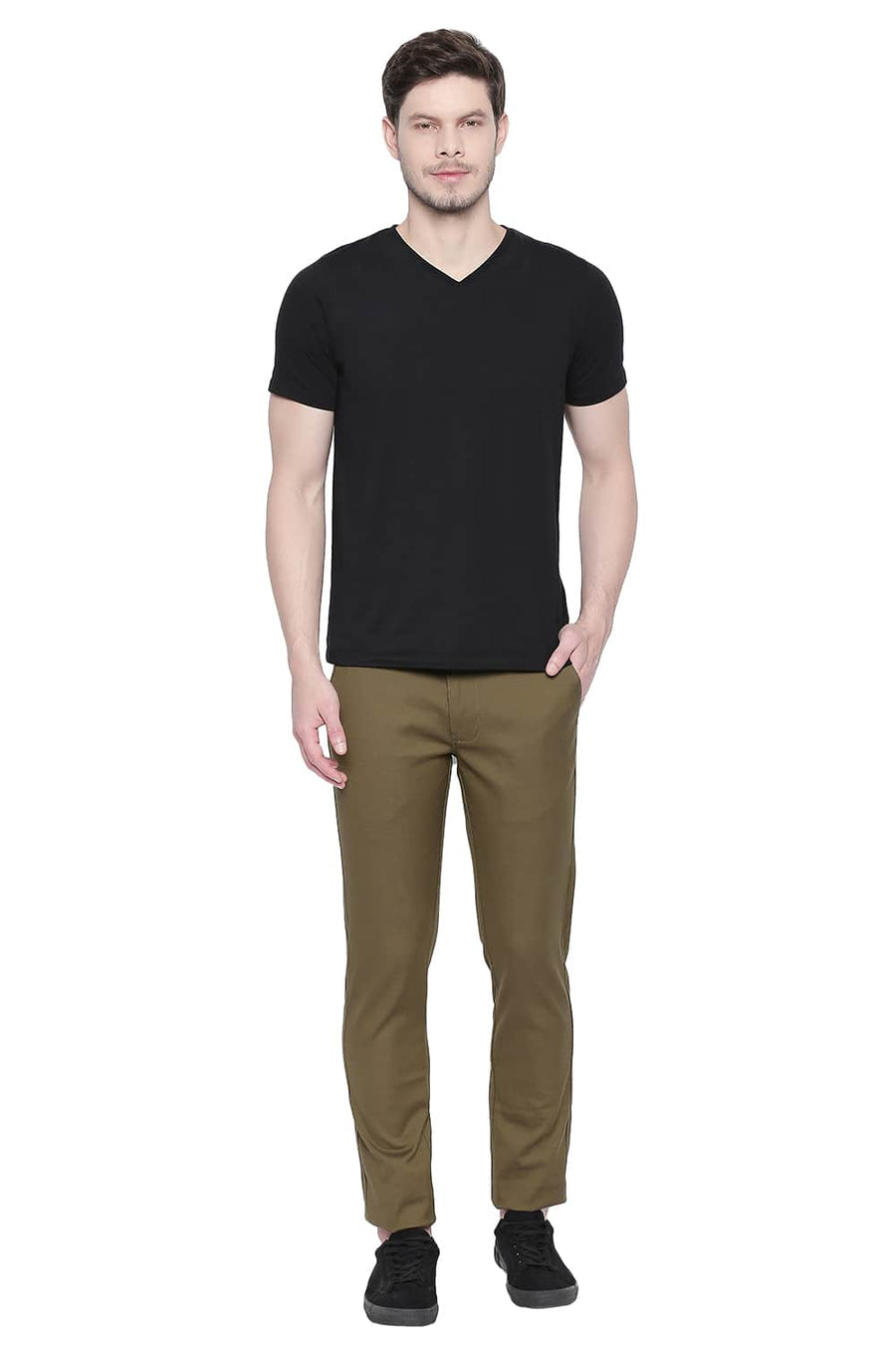 BASICS TAPERED FIT MILITARY OLIVE STRETCH TROUSER