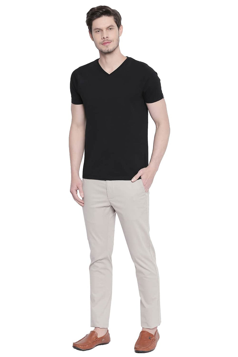 BASICS TAPERED FIT SILVER BIRCH STRETCH TROUSER