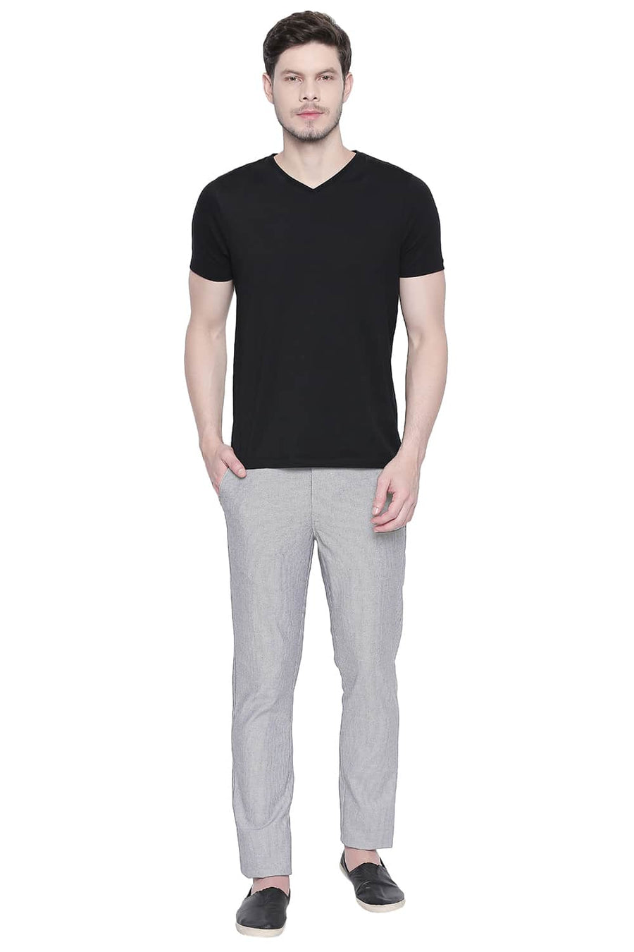 BASICS TAPERED FIT STEEL GREY STRETCH TROUSER