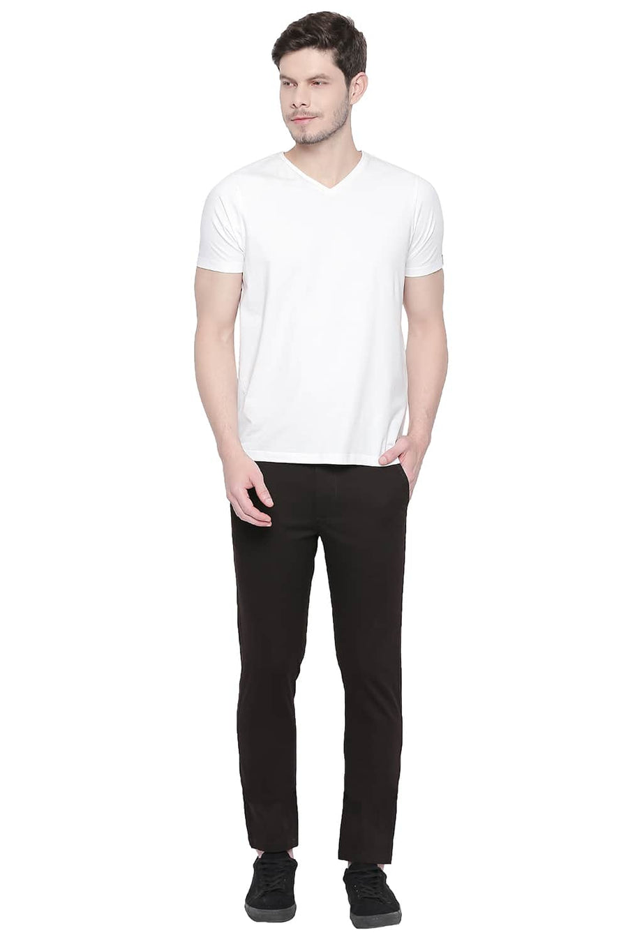 BASICS TAPERED FIT COFFEE BEAN STRETCH TROUSER
