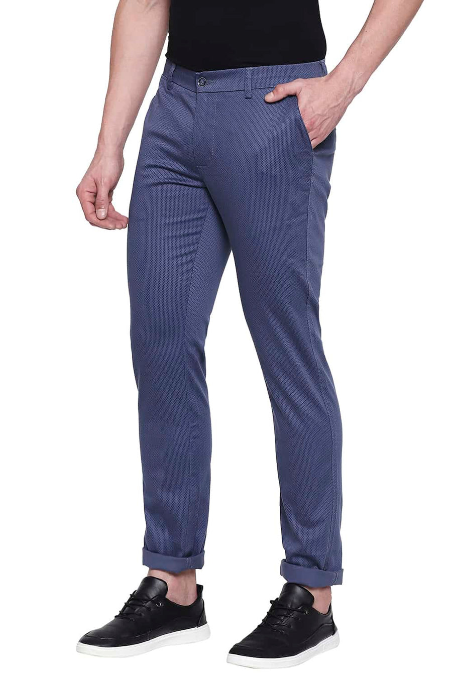 BASICS TAPERED FIT REAL TEAL PRINTED STRETCH TROUSER