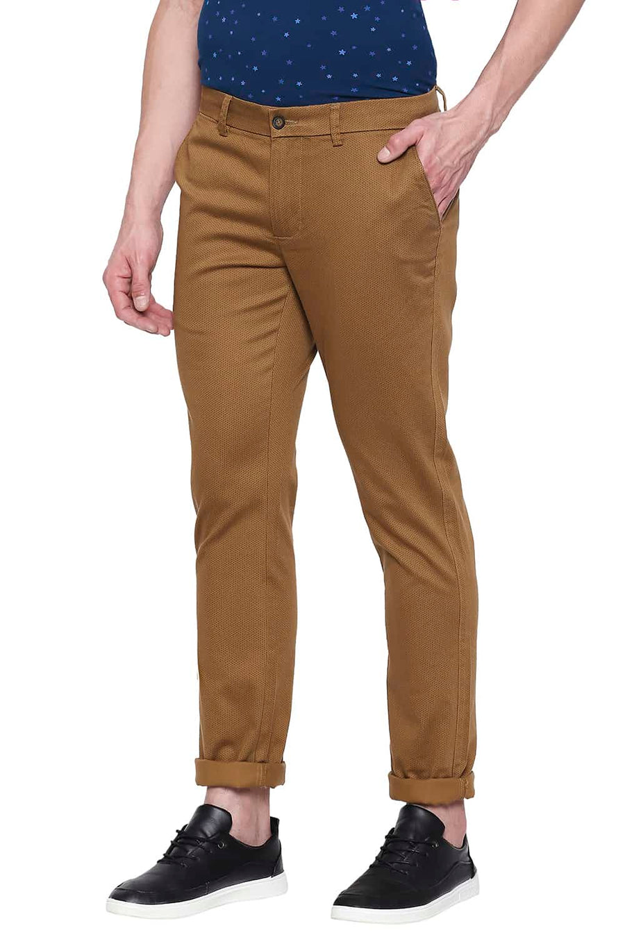 BASICS TAPERED FIT BRONZE BROWN PRINTED STRETCH TROUSER