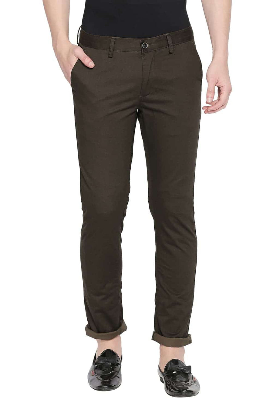 BASICS TAPERED FIT KANGAROO BROWN PRINTED STRETCH TROUSER