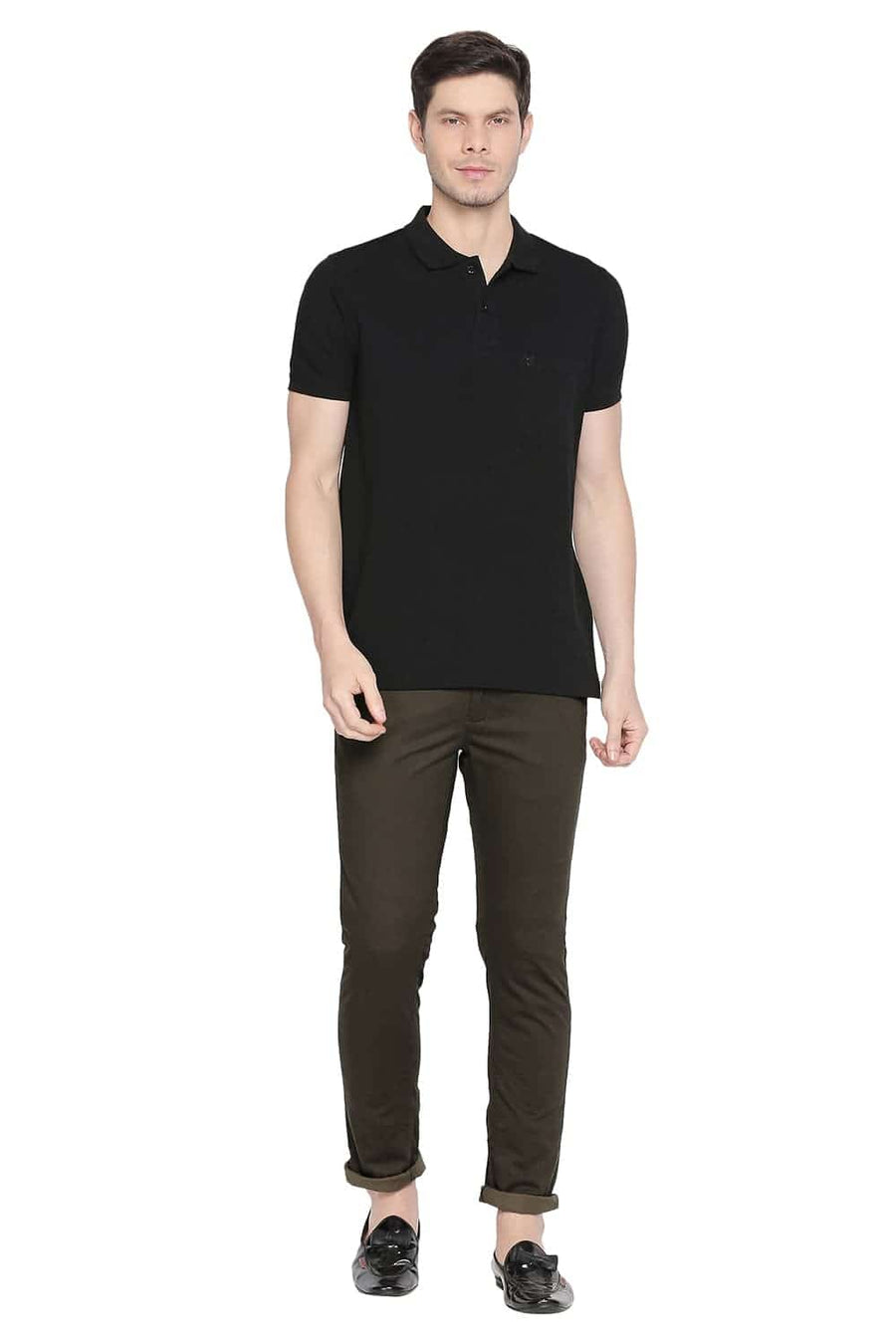 BASICS TAPERED FIT KANGAROO BROWN PRINTED STRETCH TROUSER