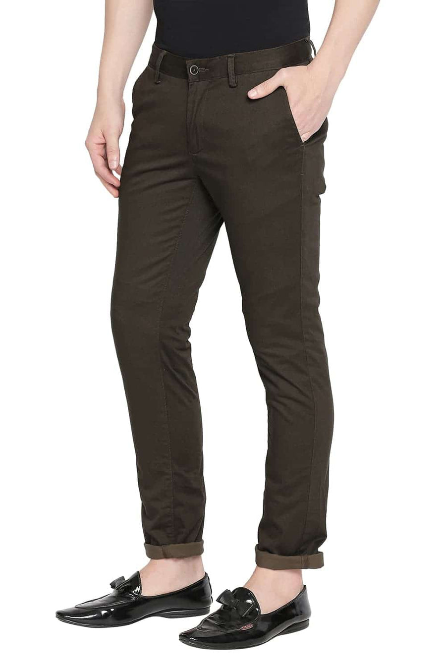 BASICS TAPERED FIT KANGAROO BROWN PRINTED STRETCH TROUSER