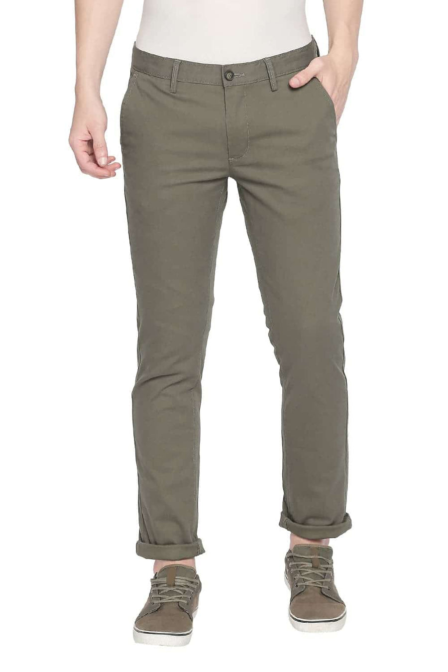 BASICS TAPERED FIT BURNT OLIVE STRETCH TROUSER