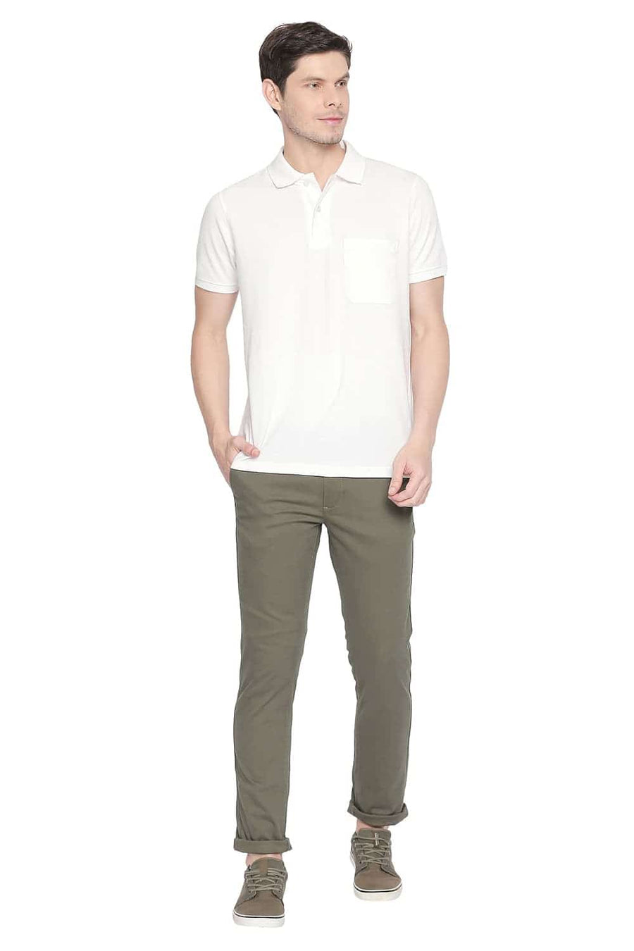 BASICS TAPERED FIT BURNT OLIVE STRETCH TROUSER