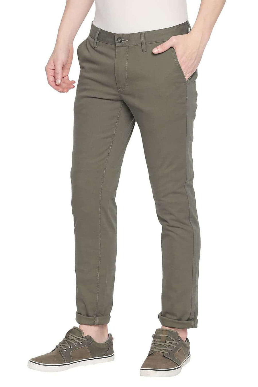 BASICS TAPERED FIT BURNT OLIVE STRETCH TROUSER
