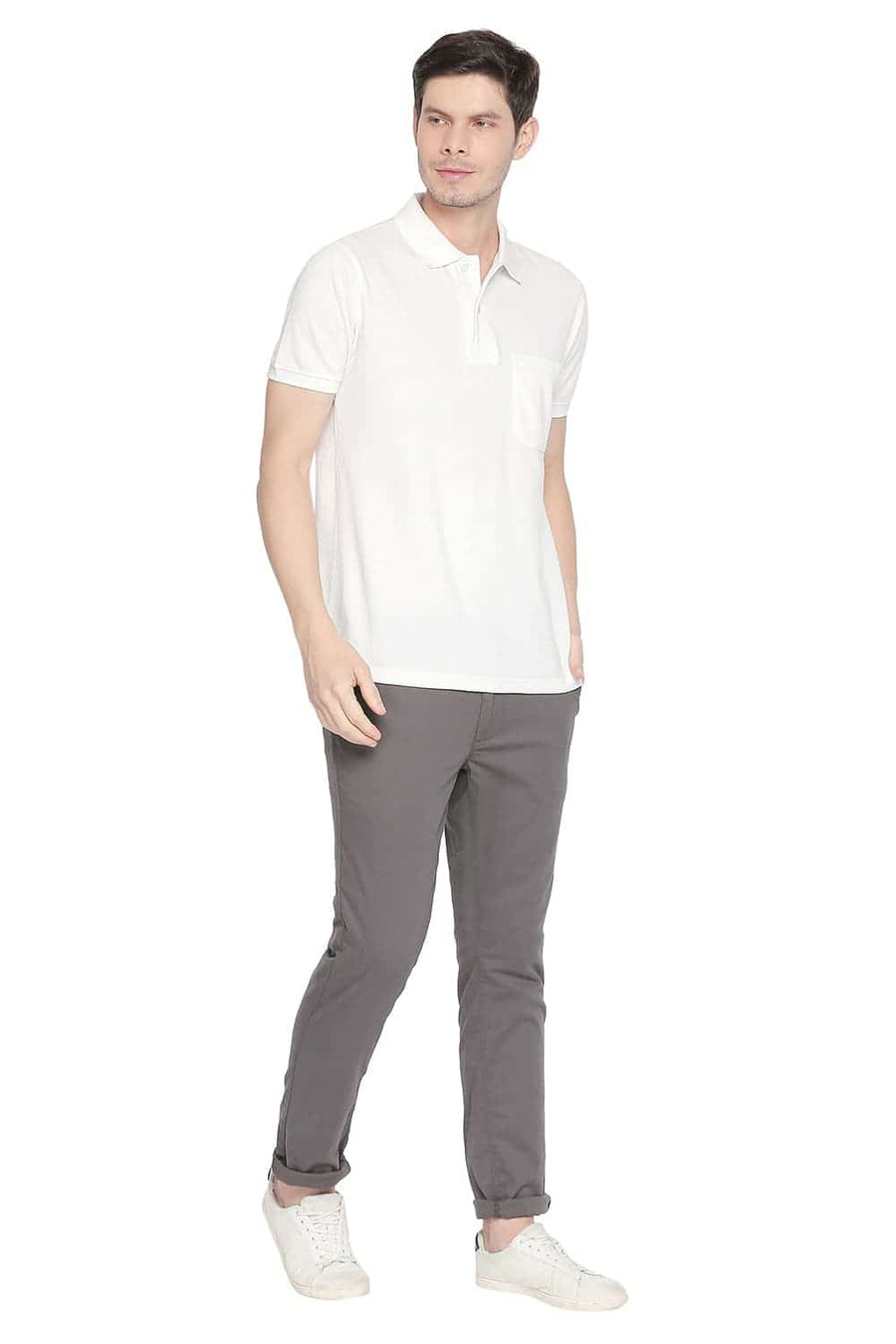 BASICS TAPERED FIT GUNMETAL STRETCH TROUSER