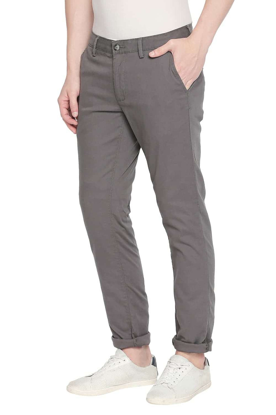 BASICS TAPERED FIT GUNMETAL STRETCH TROUSER