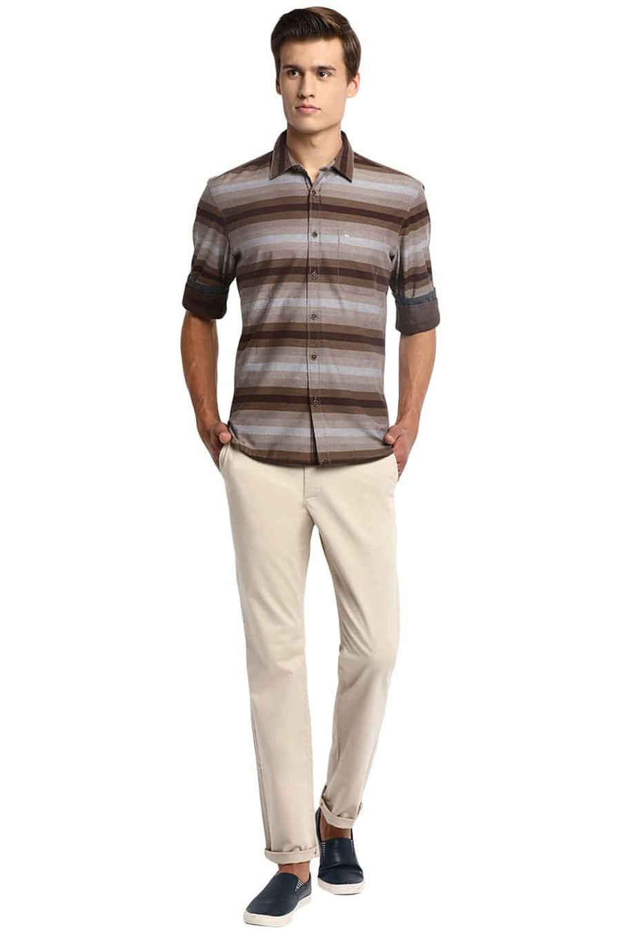 BASICS TAPERED FIT OATMEAL STRETCH TROUSER