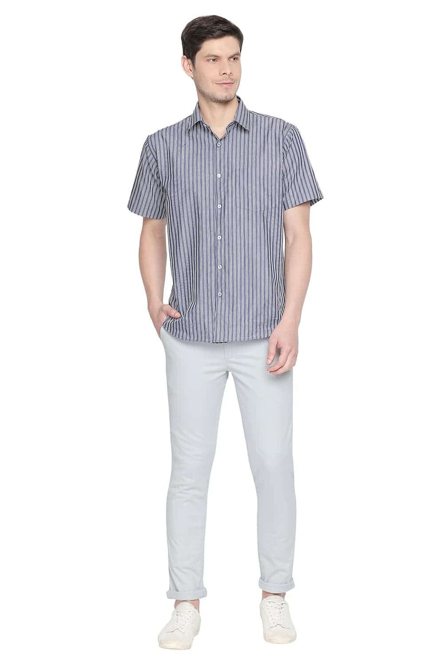 BASICS TAPERED FIT PEARL BLUE STRETCH TROUSER