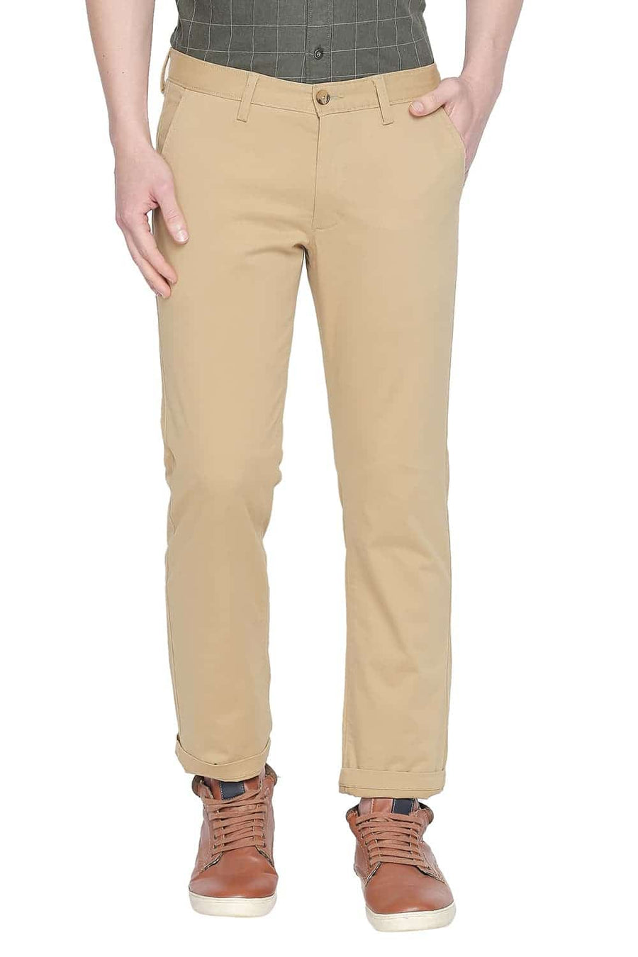 BASICS TAPERED FIT CURRY KHAKI STRETCH TROUSER